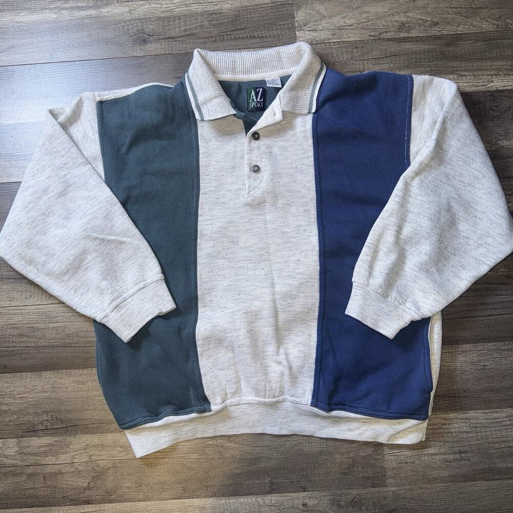 Vintage Men's Sweater Size Large Blue Gray Color Blocked Long Sleeve 1/4 Button